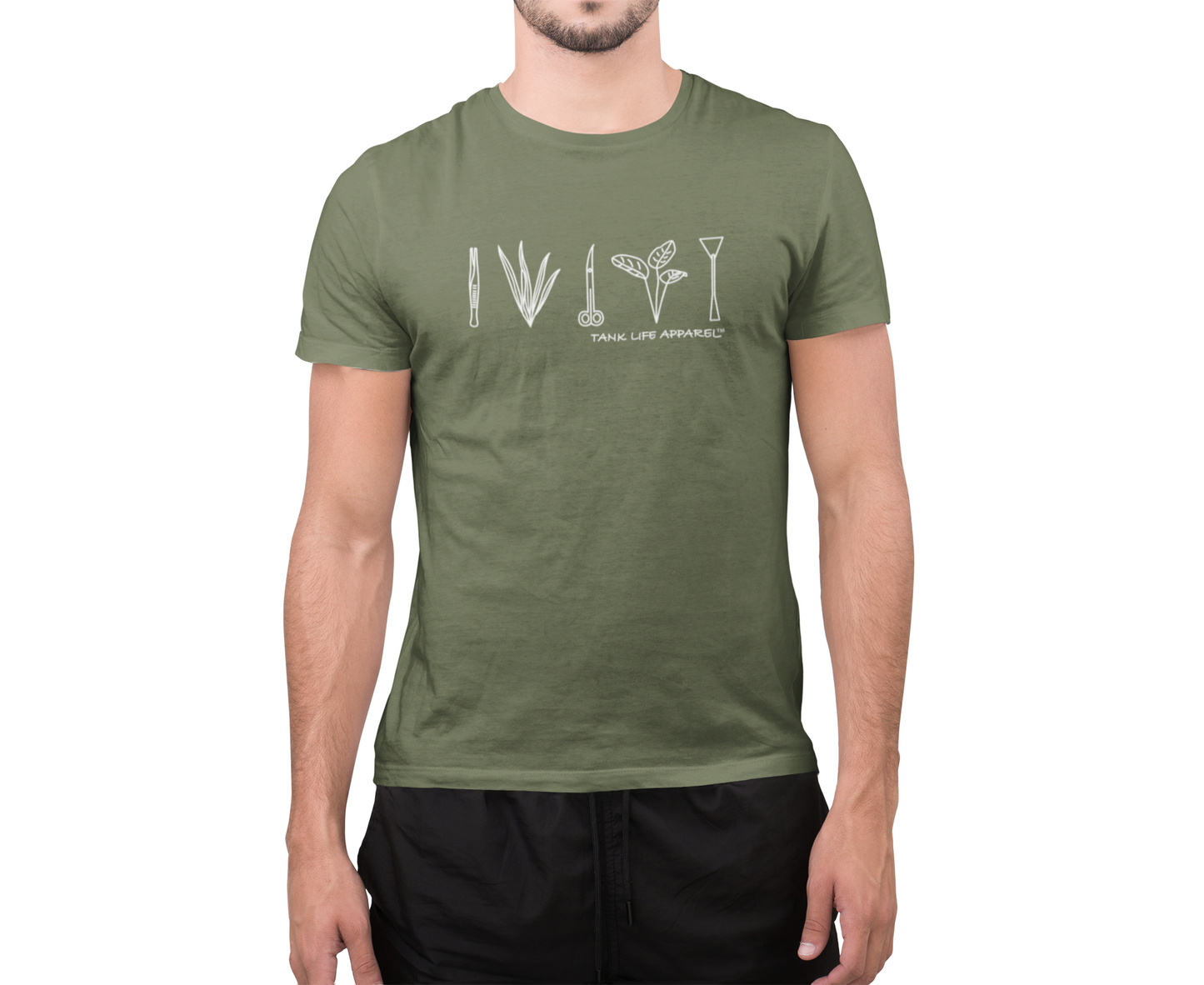 Tank Life Apparel aquascaping tools design on a classic tee with our custom TLA sleeve label that gives this shirt an elevated look.