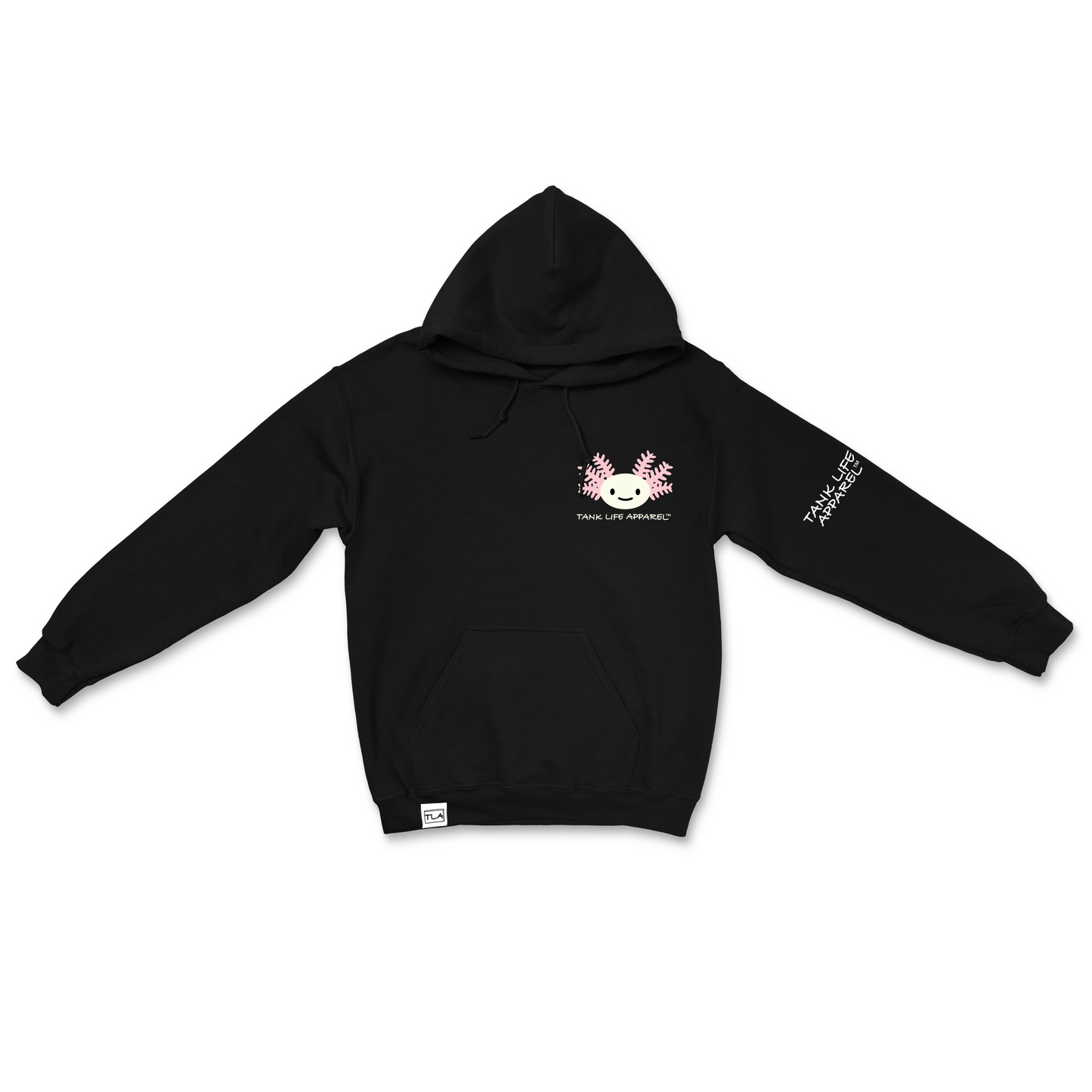 The Tank Life Apparel Axolotl design on a super soft and comfortable black hoodie.