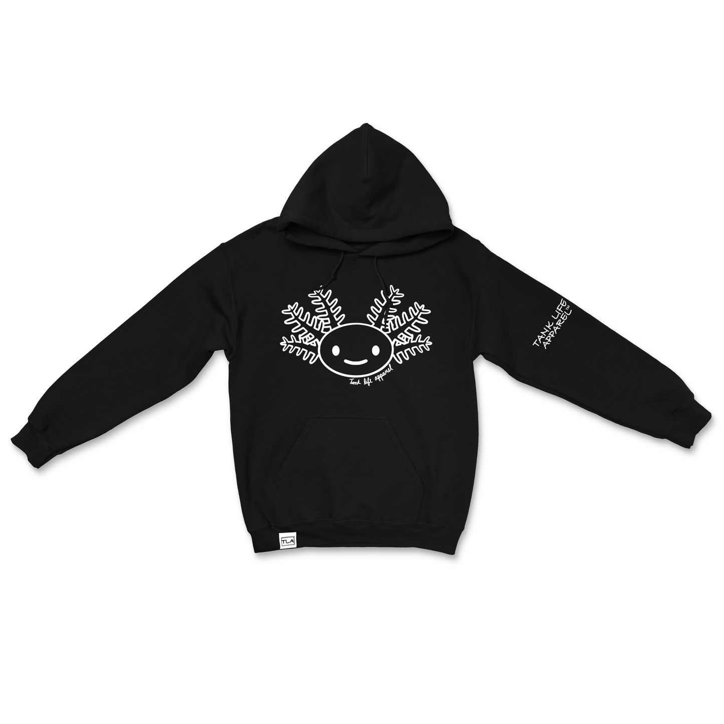The Tank Life Apparel smiling axolotl design on a black unisex hoodie. Adorable axolotl smiling in white lines.