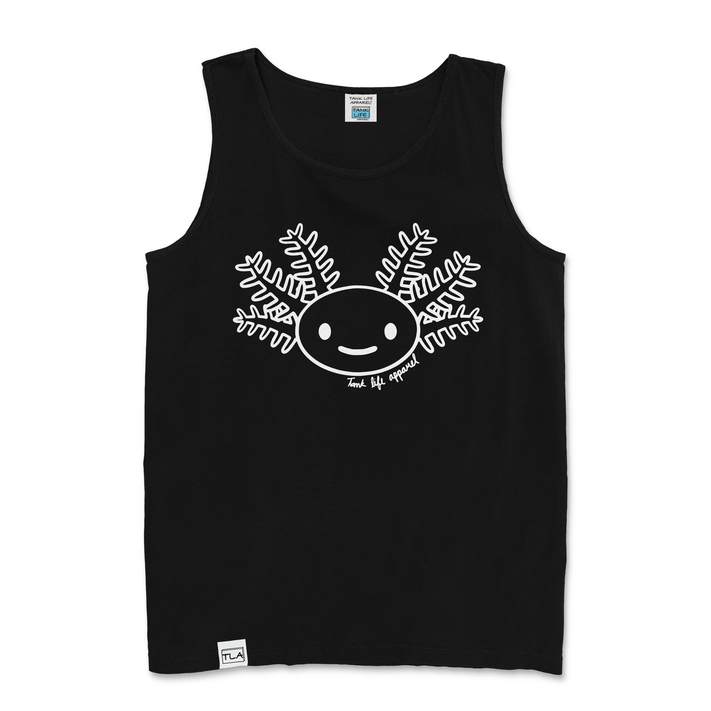 The Tank Life Apparel smiling axolotl design on a men's tank top in black. Adorable axolotl smiling in white lines.