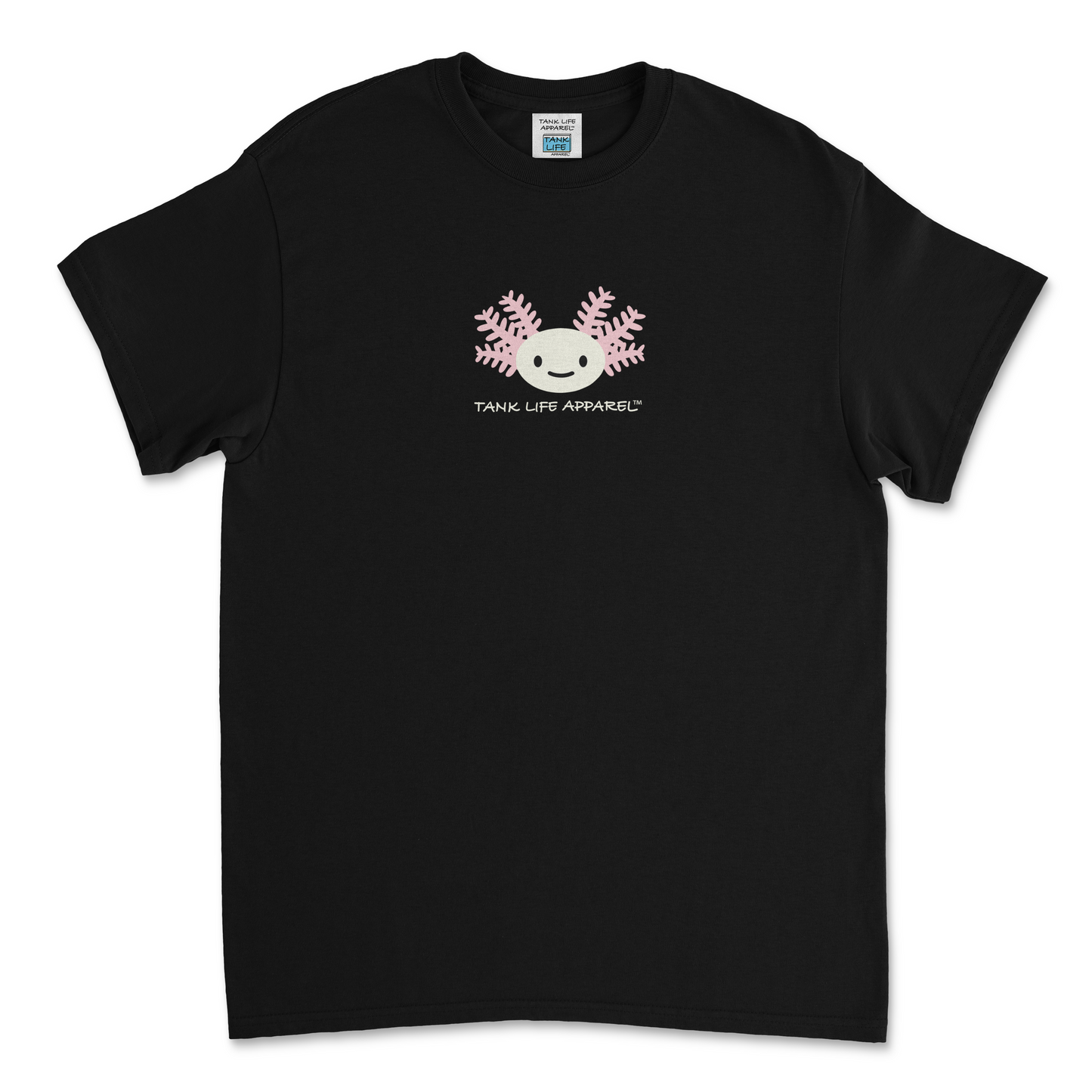 Tank Life Apparel axolotl design on a youth tee. This is a 100% preshrunk cotton black t-shirt.