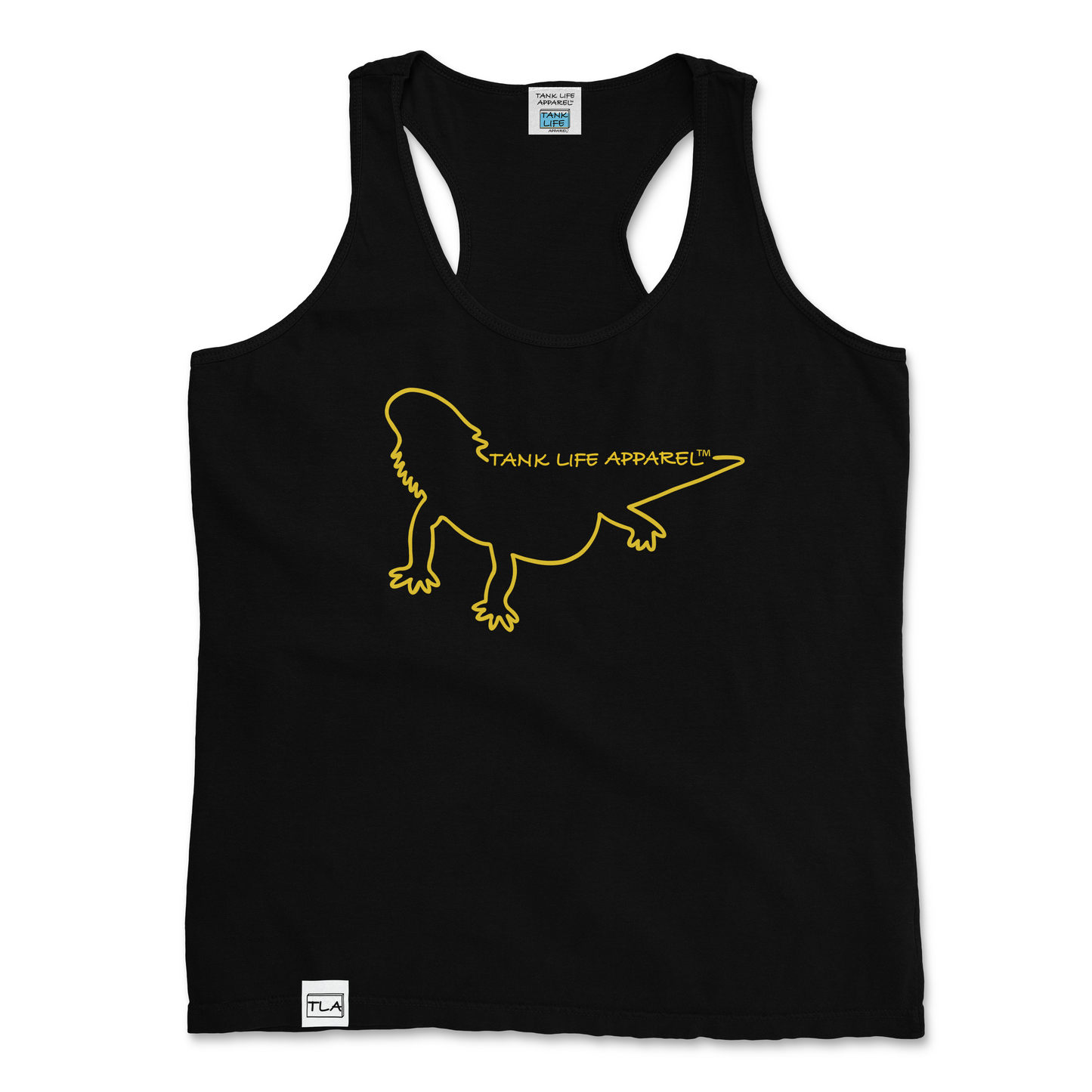 The Tank Life Apparel bearded dragon outline design on a stylish women's tank top with our custom TLA hem label.