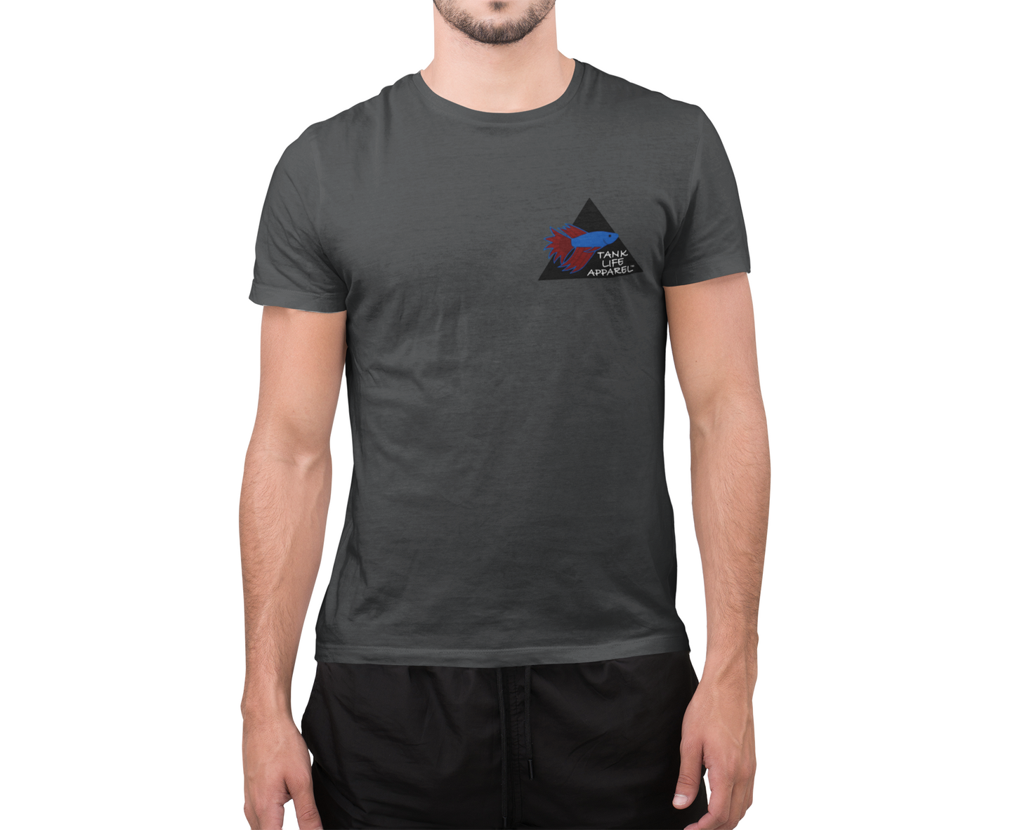 The Tank Life Apparel betta fish design on a classic tee with our custom TLA sleeve label
