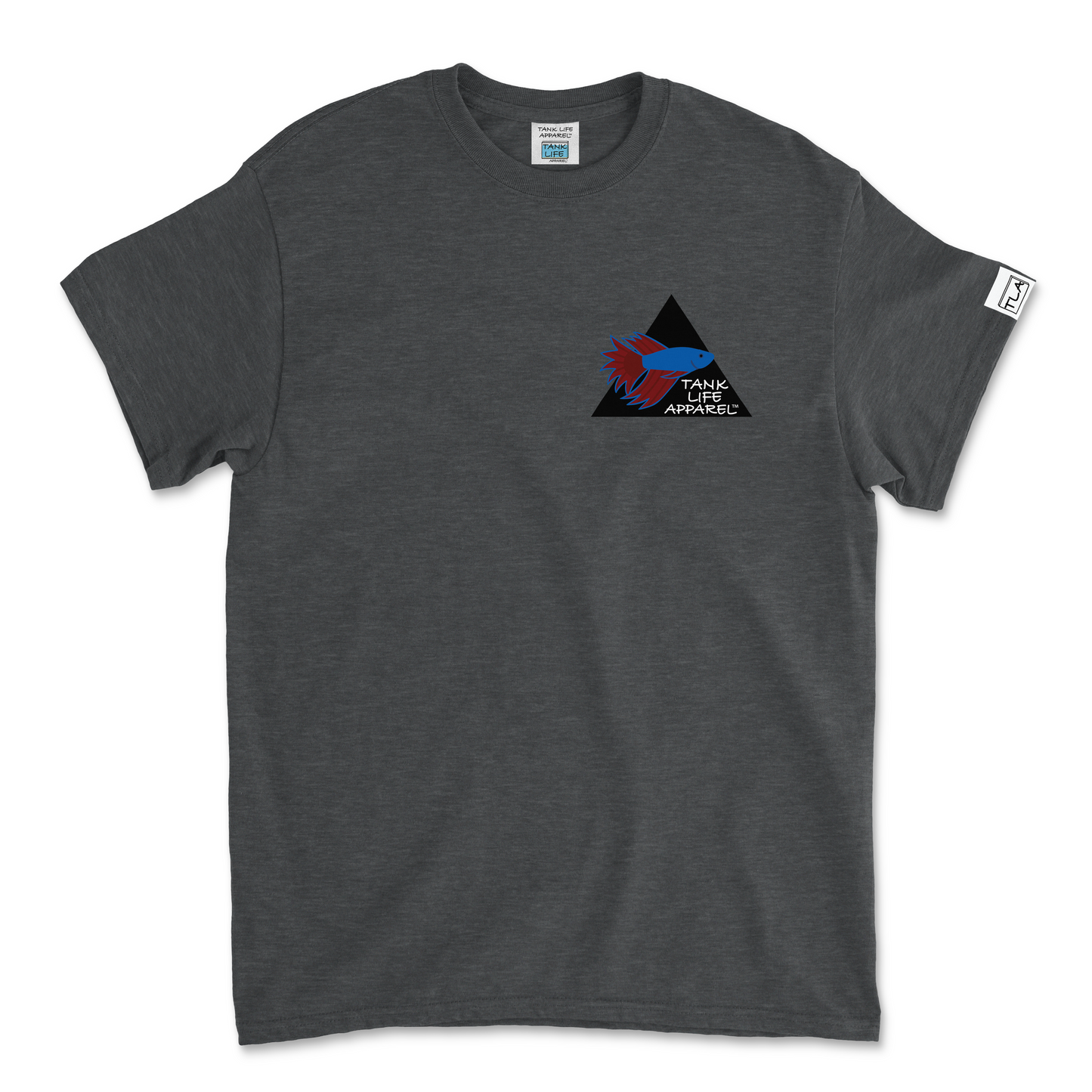 The Tank Life Apparel betta fish design on a classic tee with our custom TLA sleeve label