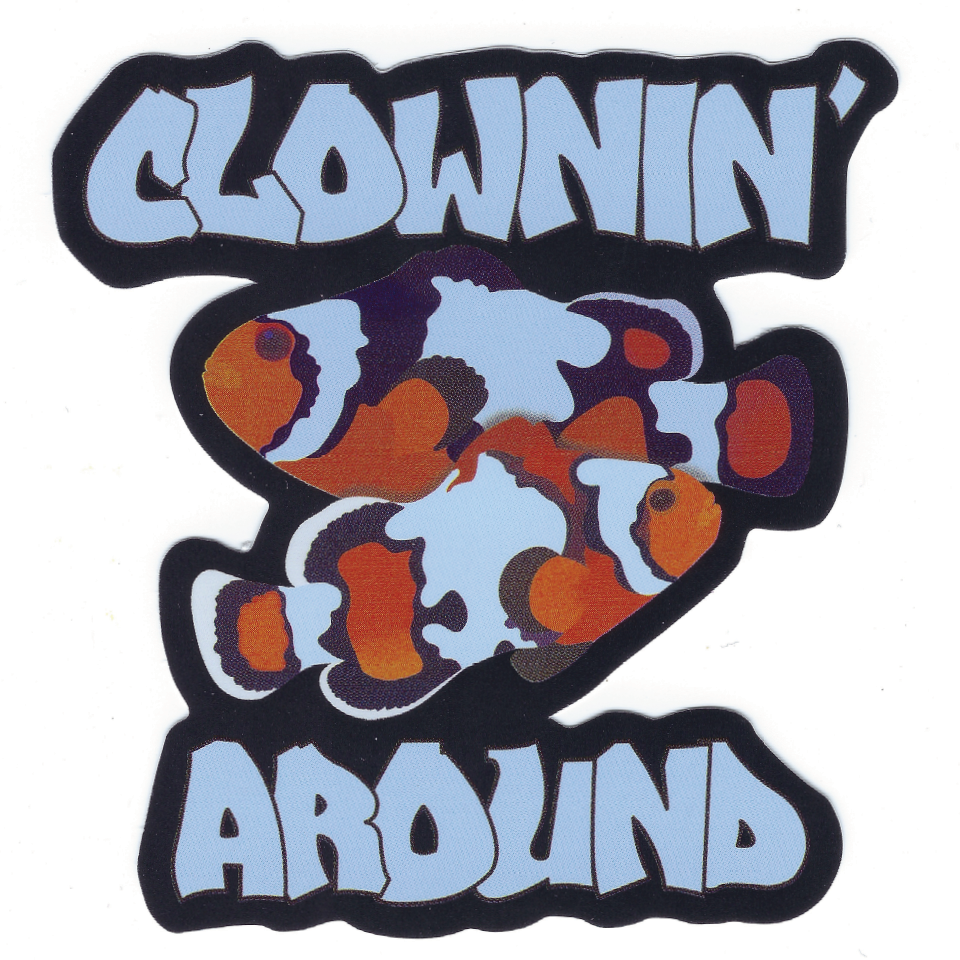 The Tank Life Apparel clown fish "Clowning Around" design on a glossy vinyl sticker. Fish decal.