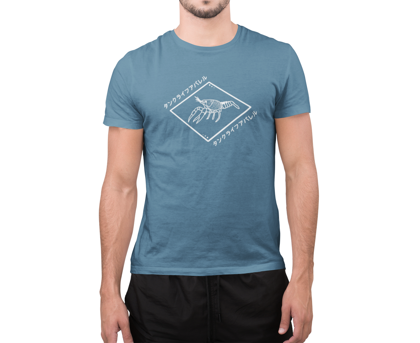 The Tank Life Apparel crayfish design with Japanese letters spelling tank life apparel on a classic tee with our custom TLA sleeve label. Crawfish/ crayfish in white lines in a diamond shape with japanese letters. Blue cray fish.