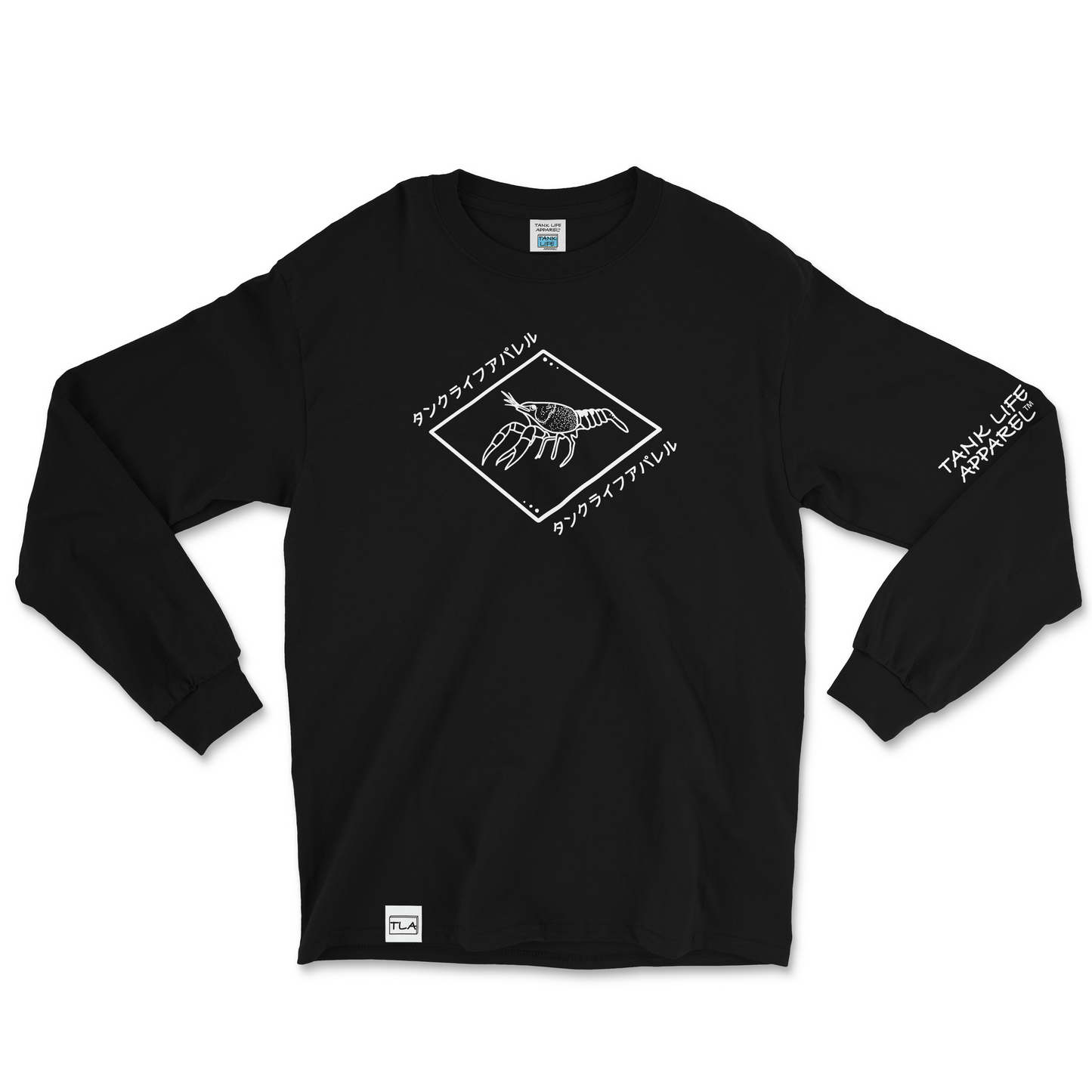 The Tank Life Apparel crayfish design with Japanese letters spelling tank life apparel on a long sleeve black shirt with our custom TLA sleeve label. Crawfish/ crayfish in white lines in a diamond shape with japanese letters. Blue cray fish.