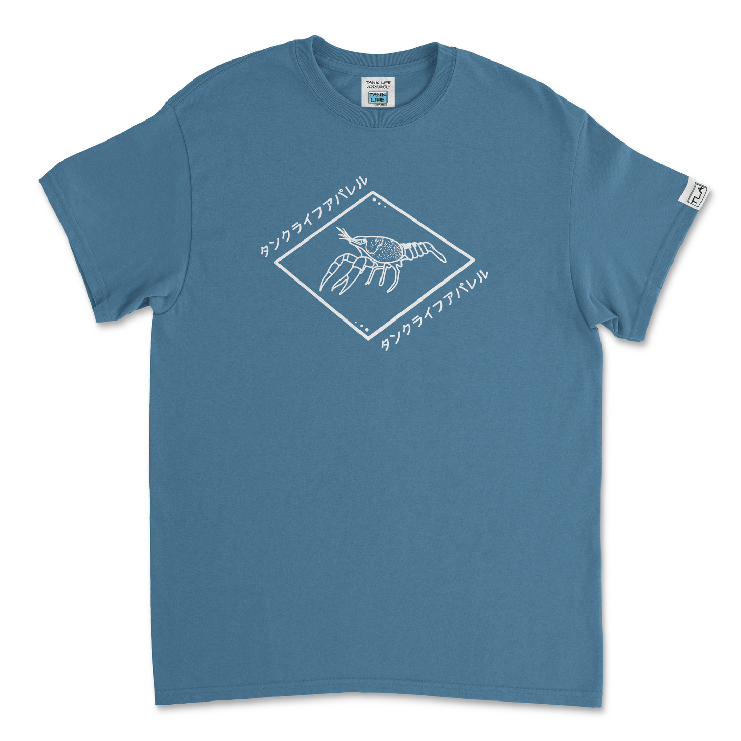 The Tank Life Apparel crayfish design with Japanese letters spelling tank life apparel on a classic tee with our custom TLA sleeve label. Crawfish/ crayfish in white lines in a diamond shape with japanese letters. Blue cray fish.