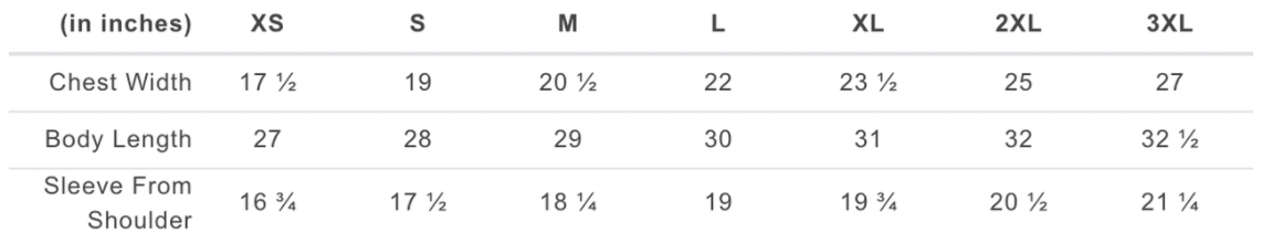 TLA Dri Fit Size Chart