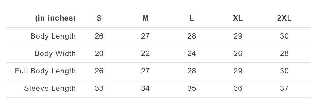 Hooide TLA Size Chart