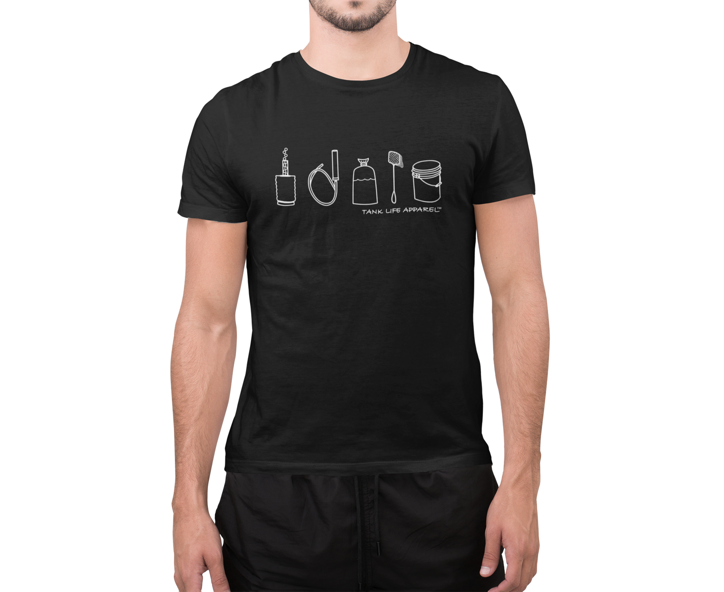 The Tank Life Apparel fish tank aquarium lifestyle design on a classic tee with our custom TLA sleeve label. simple white design that depicts a sponge filter, a syphon, a fish bag, a fish net, and a water change bucket.