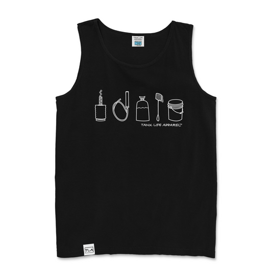 The Tank Life Apparel fish tank aquarium lifestyle design on a men's tank top with our custom TLA hem label.  simple white design that depicts a sponge filter, a syphon, a fish bag, a fish net, and a water change bucket.