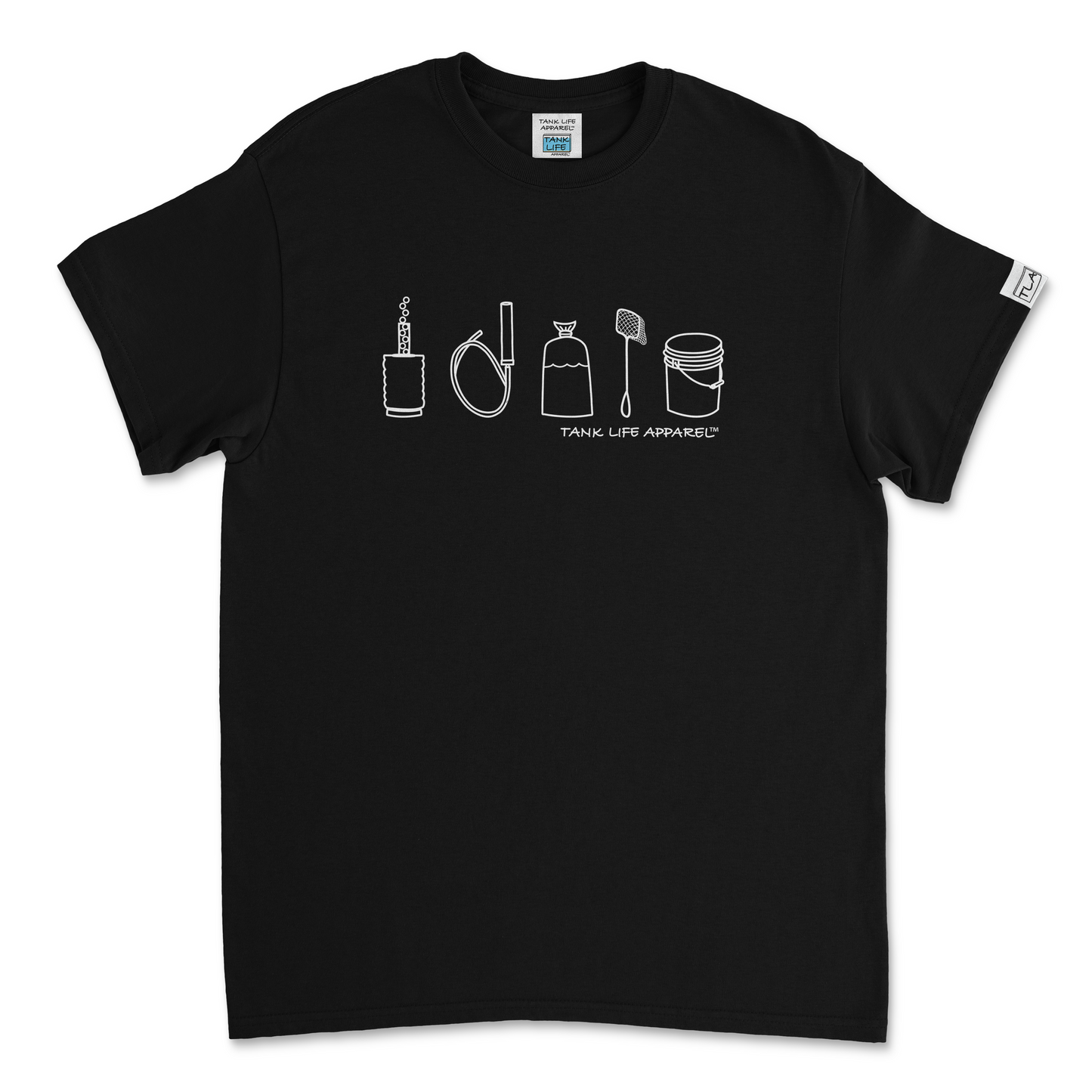 The Tank Life Apparel fish tank aquarium lifestyle design on a classic tee with our custom TLA sleeve label. simple white design that depicts a sponge filter, a syphon, a fish bag, a fish net, and a water change bucket.