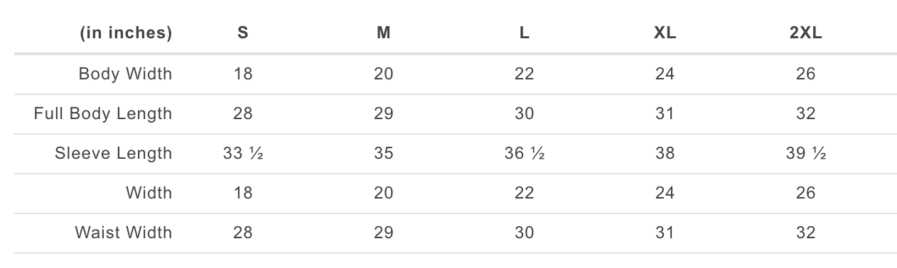 TLA long sleeve size chart