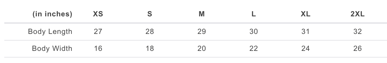Men's Tank Top TLA Size Chart