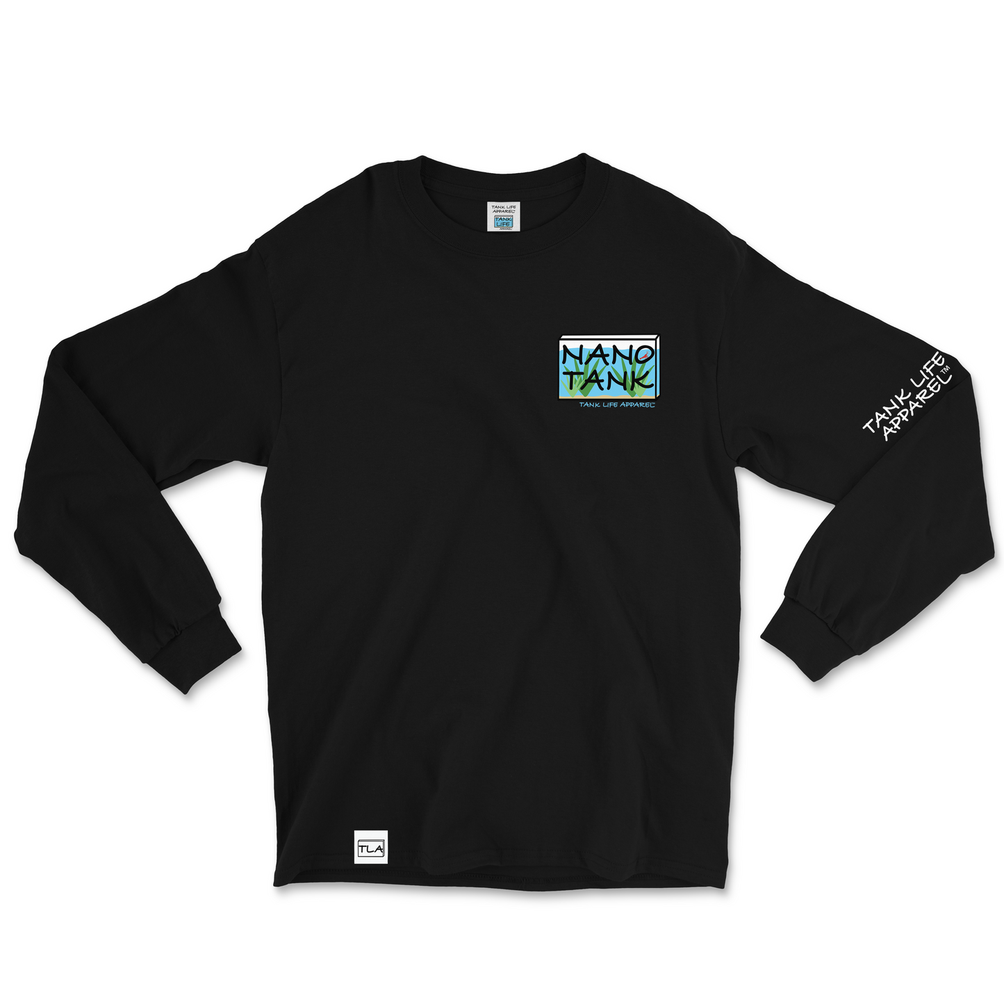 The Tank Life Apparel nano tank design on a super comfortable long sleeve black shirt. Tiny aquarium with small red shrimp in it.