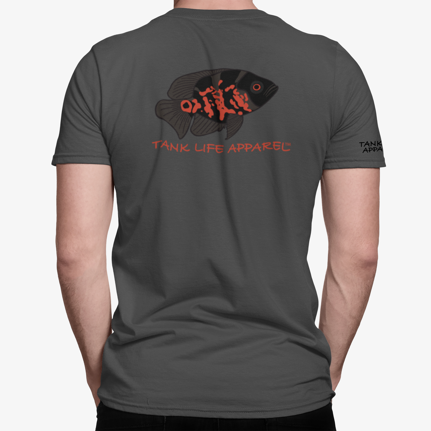 Tiger Oscar Cichlid athletic dri fit performance shirt from tank life apparel in gray. For fish tank aquarium keepers. Fresh water hobbyists. Gift for monster pond fish and rare exotic fish keepers. Predatory fish shirt. Fishing shirt. South American Cichlid. Black and orange fish. Oscar Brazil fish. A. ocellatus.