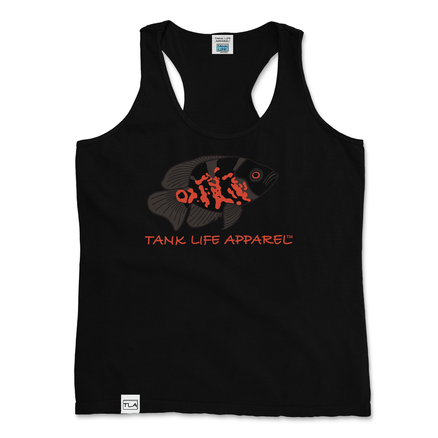 The Tank Life Apparel Tiger Oscar Cichlid design on a stylish women's tank top with our custom TLA hem label.
