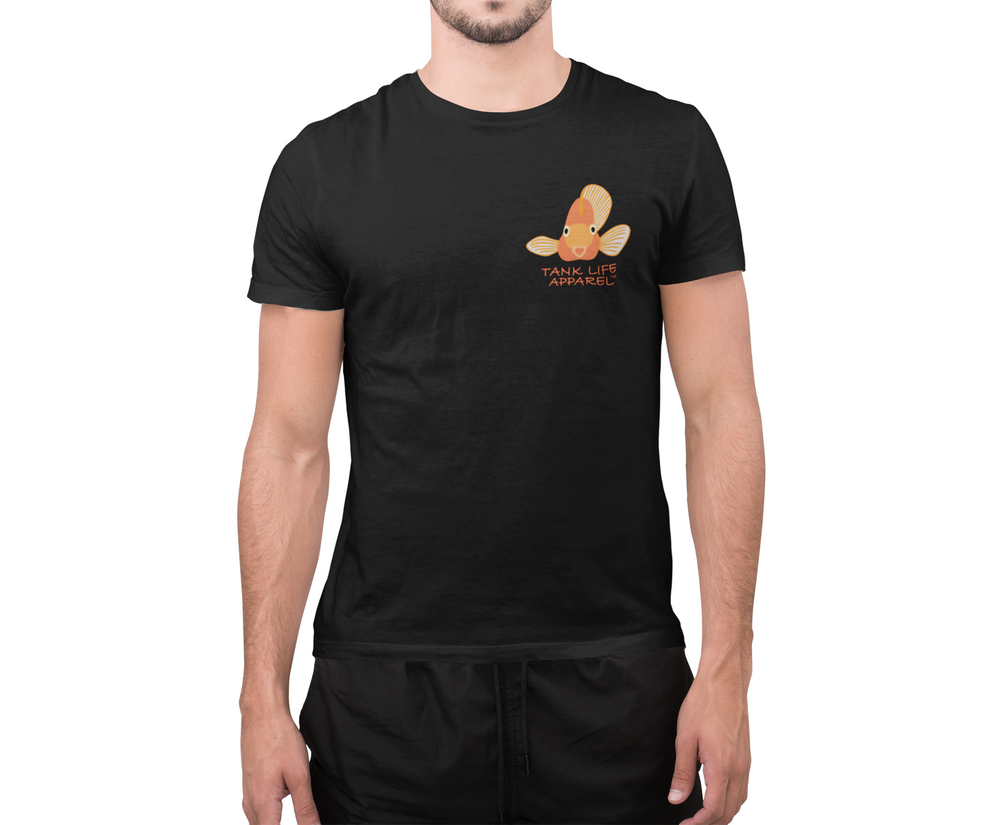 The Tank Life Apparel orange parrot cichlid fish design on a classic tee with our custom TLA sleeve label. Orange adorable fish.