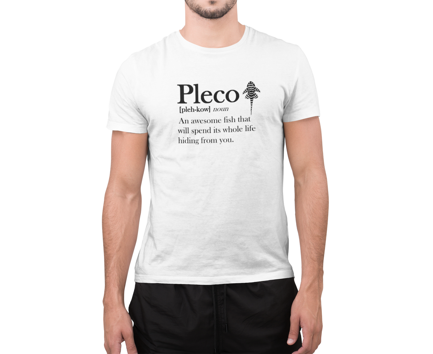 The Tank Life Apparel Pleco Definition design on a classic tee with our custom TLA sleeve label. Funny fish shirt.