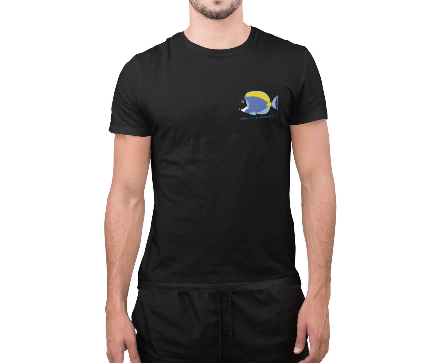 The Tank Life Apparel powder blue tang design on a classic tee with our custom TLA sleeve label. Light blue purple tang fish with yellow fins.
