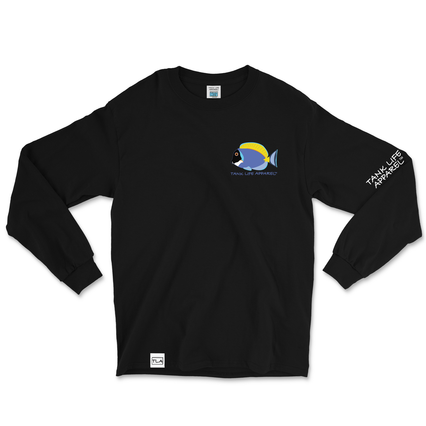 The Tank Life Apparel powder blue tang design on a super comfortable long sleeve shirt. Light blue purple tang fish with yellow fins.