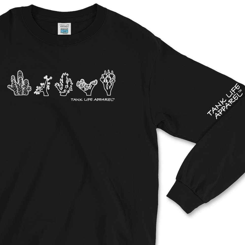 The Tank Life Apparel white corals design on a super comfortable long sleeve shirt. Simple white coral reef design on black shirt.