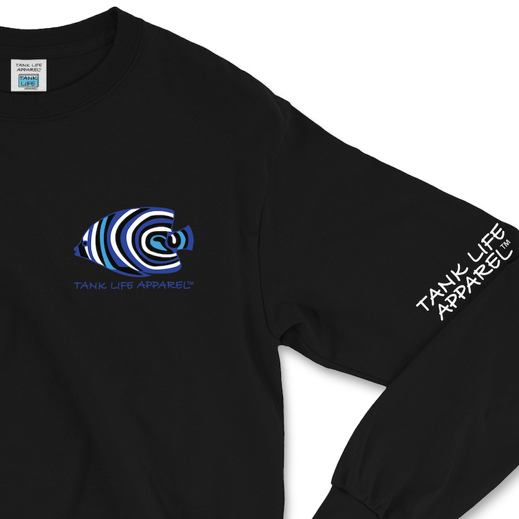 The Tank Life Apparel emperor angelfish design on a super comfortable long sleeve shirt. Blue, white, and black striped saltwater fish.