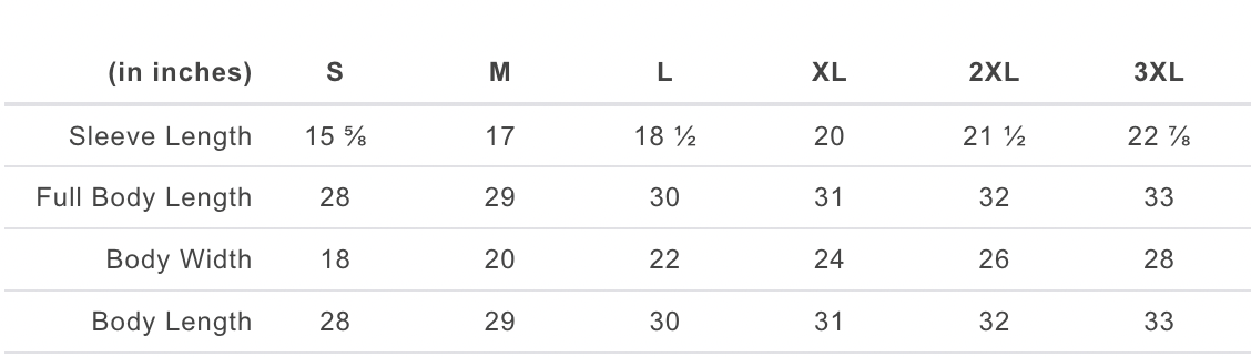 Size chart for 100% cotton black t-shirts with sizes small, medium, large, XL, 2XL, and 3XL.