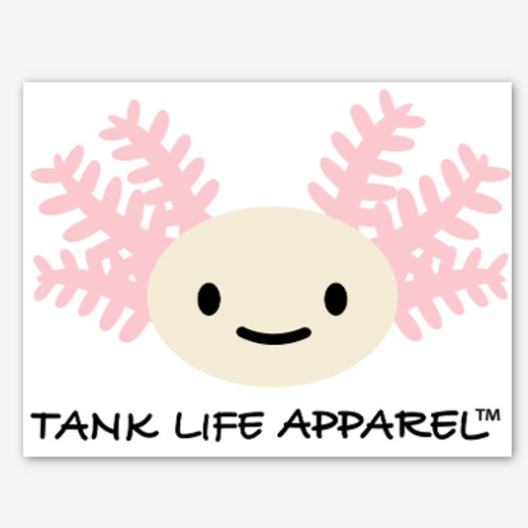 The Tank Life Apparel Axolotl design on a glossy vinyl sticker. Beige and pink smiling axolotls face.