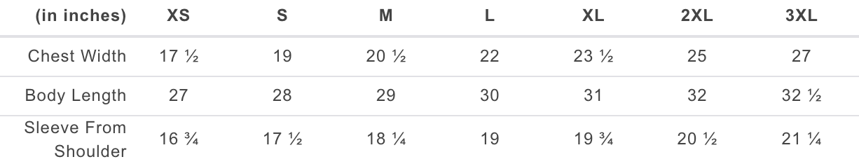 TLA dri fit size chart