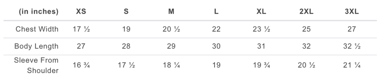Dri Fit TLA Size Chart