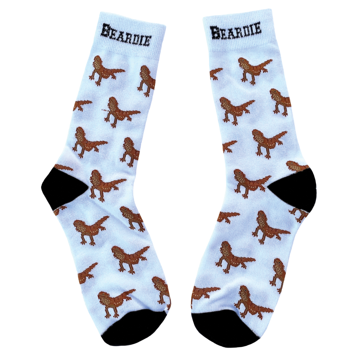 Bearded dragon beardie socks. White, brown and black crew socks
