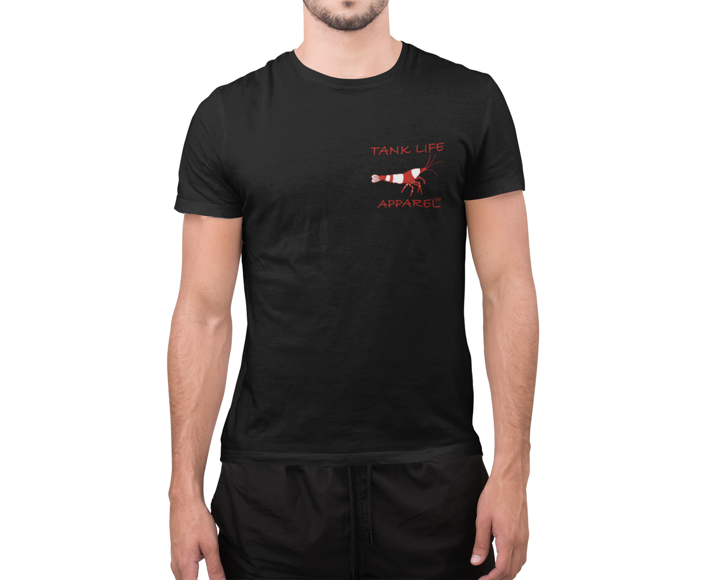 The Tank Life Apparel Crystal red shrimp design on a classic tee with our custom TLA sleeve label. White and red bee fresh water shrimp on black shirt.