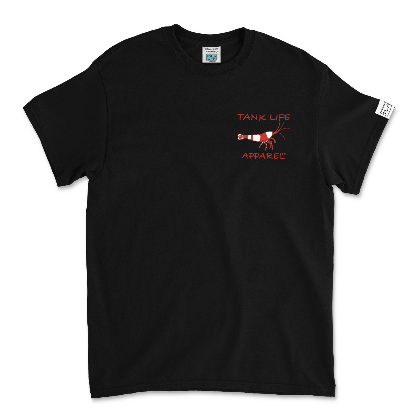 The Tank Life Apparel Crystal red shrimp design on a classic tee with our custom TLA sleeve label. White and red bee fresh water shrimp on black shirt.