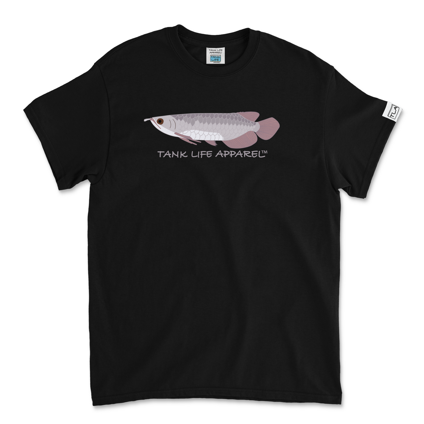 The Tank Life Apparel silver arowana design on a classic tee with our custom TLA sleeve label. Gray monster amazon fish.