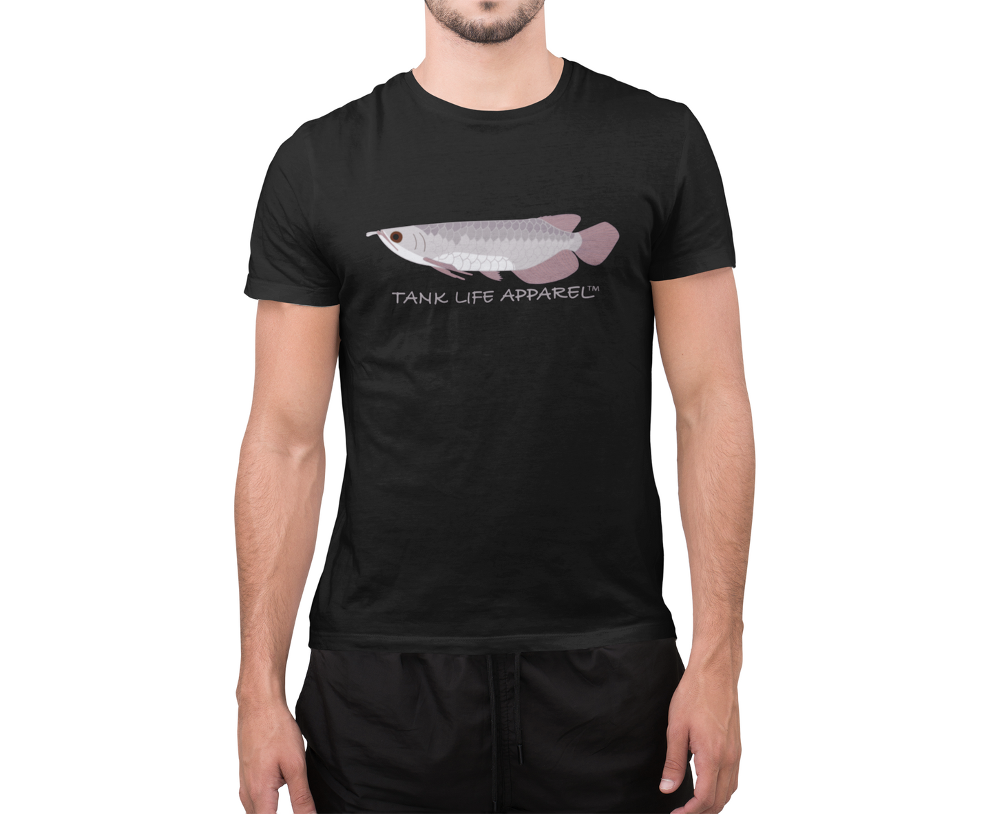 The Tank Life Apparel silver arowana design on a classic tee with our custom TLA sleeve label. Gray monster amazon fish.