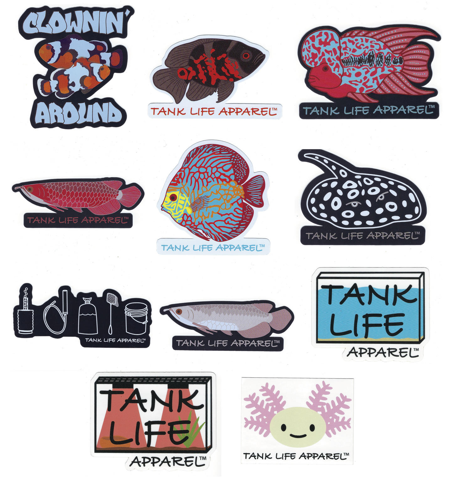 Tank Life Apparel Sticker pack. Asian red arowana, silver arowna, clowning around clown fish, tiger oscar cichlid, flowerhorn, discus, black diamond stingray, aquarium lifestyle, aquarium logo, terrarium logo, and axolotl decals.