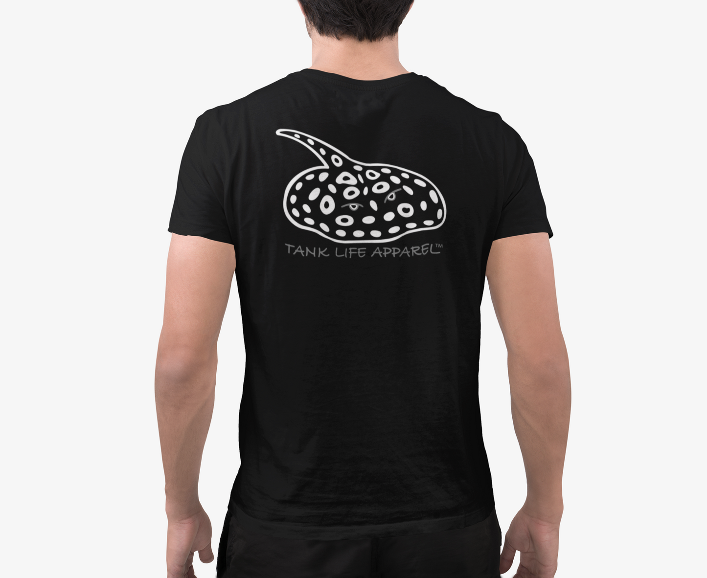 The Tank Life Apparel black diamond freshwater stingray design on the back of a classic tee with our custom TLA sleeve label.
