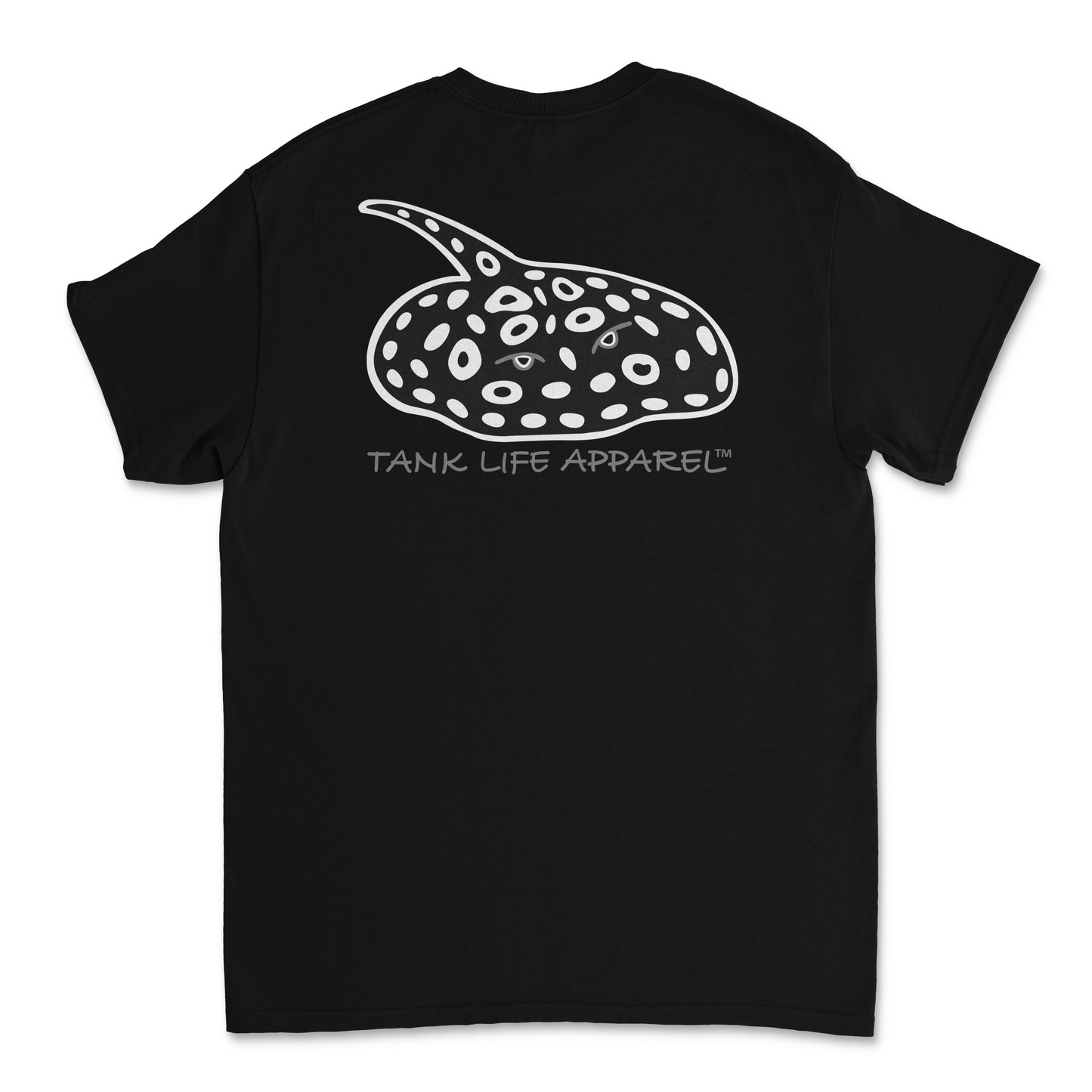 The Tank Life Apparel black diamond freshwater stingray design on the back of a classic tee with our custom TLA sleeve label.