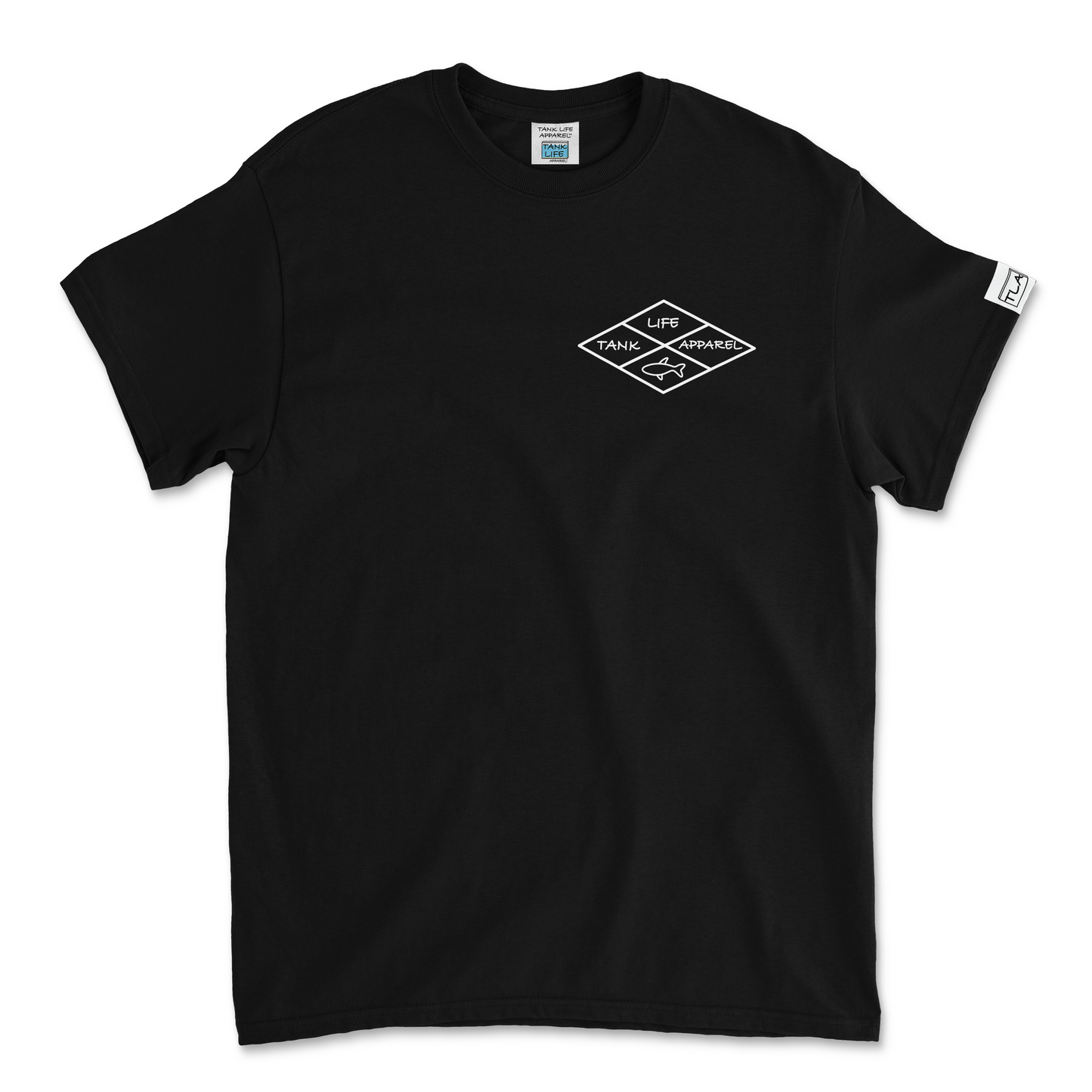 The Tank Life Apparel diamond design on a classic tee with our custom TLA sleeve label. Shirt for fish tank and aquarium keepers.