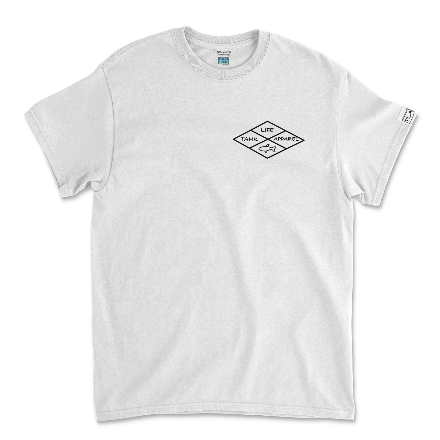 The Tank Life Apparel diamond design on a classic tee with our custom TLA sleeve label. Shirt for fish tank and aquarium keepers.