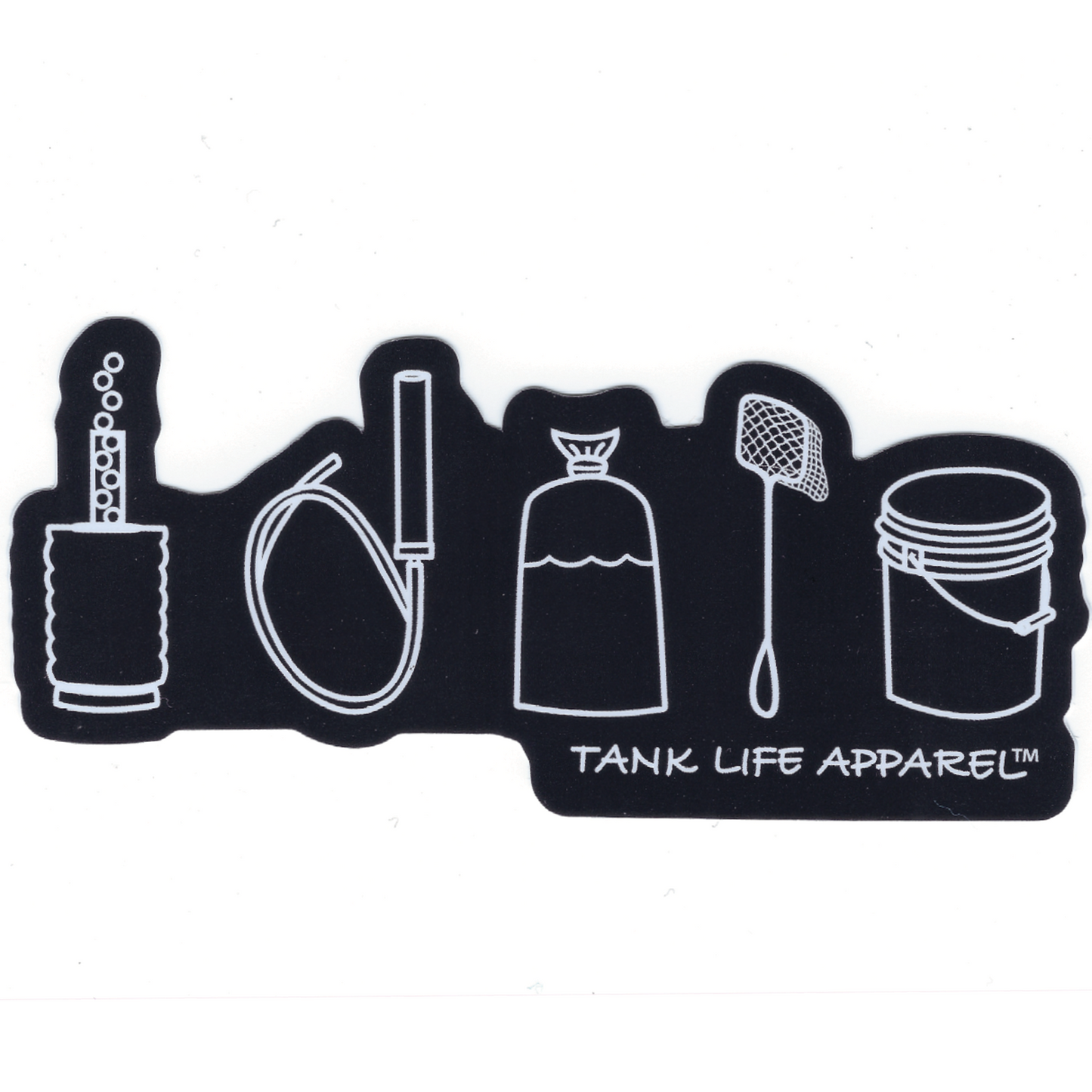 The Tank Life Apparel aquarium lifestyle design on a glossy vinyl sticker. This decal portrays the fishkeeper's lifestyle in a simple white design that depicts a sponge filter, a syphon, a fish bag, a fish net, and a water change bucket. Every fish keeper needs one of these in their fish room.