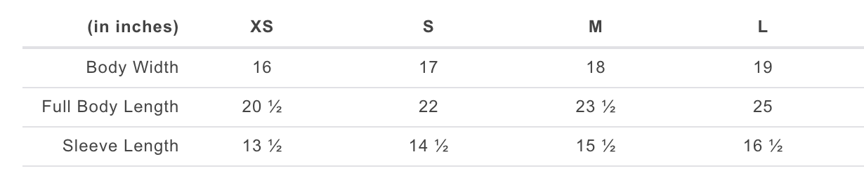 TLA Youth Size Chart