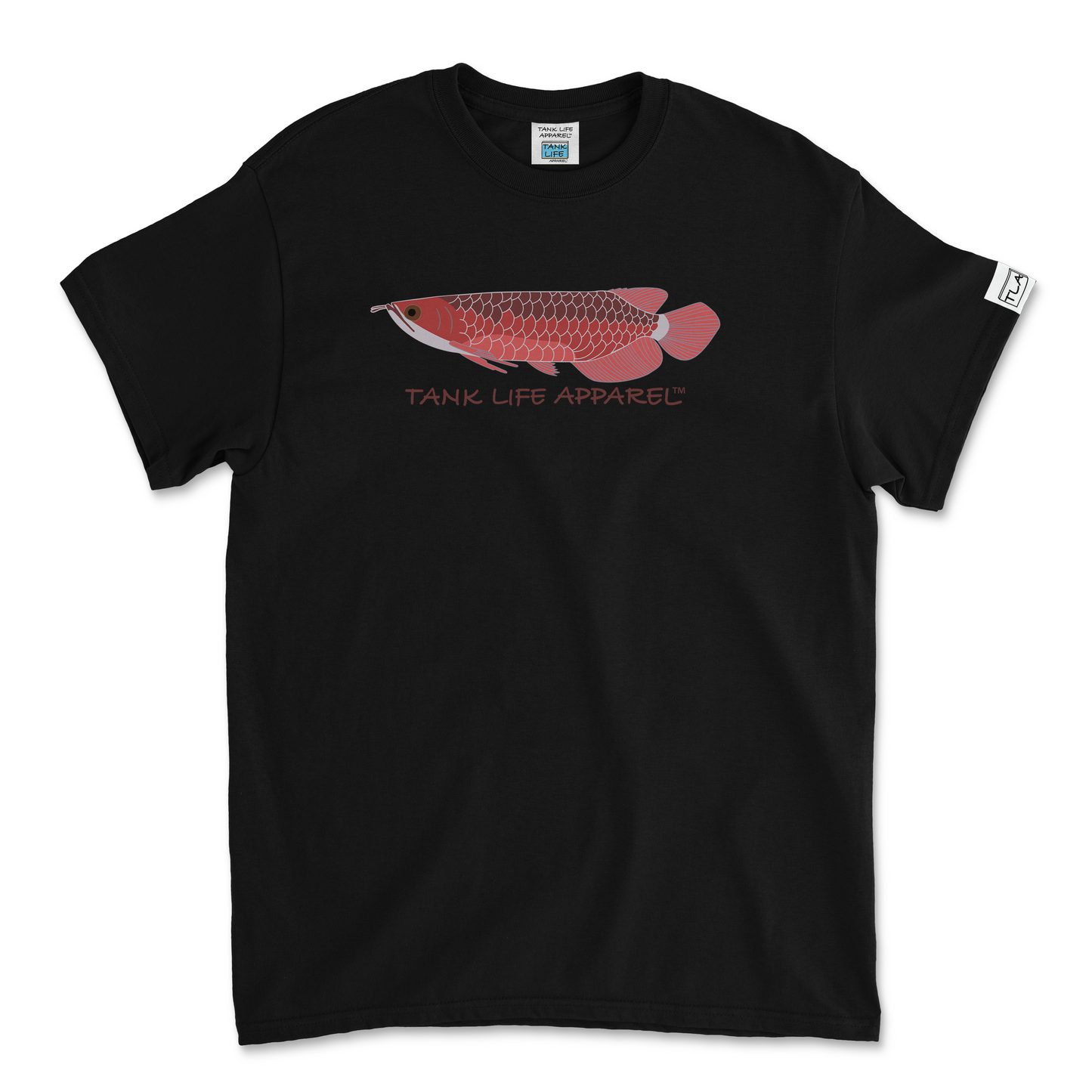 Tank Life Apparel red Asian arowana design on a classic tee with our custom TLA sleeve label