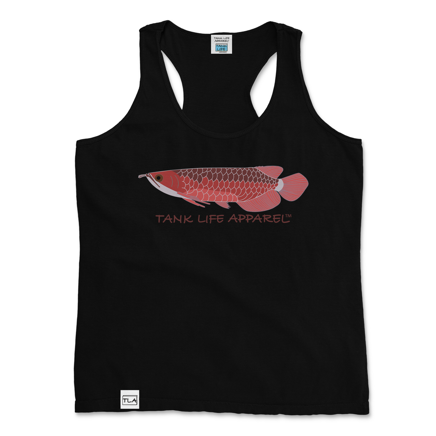 Tank Life Apparel red Asian arowana design on a stylish women's tank top with our custom TLA hem label.