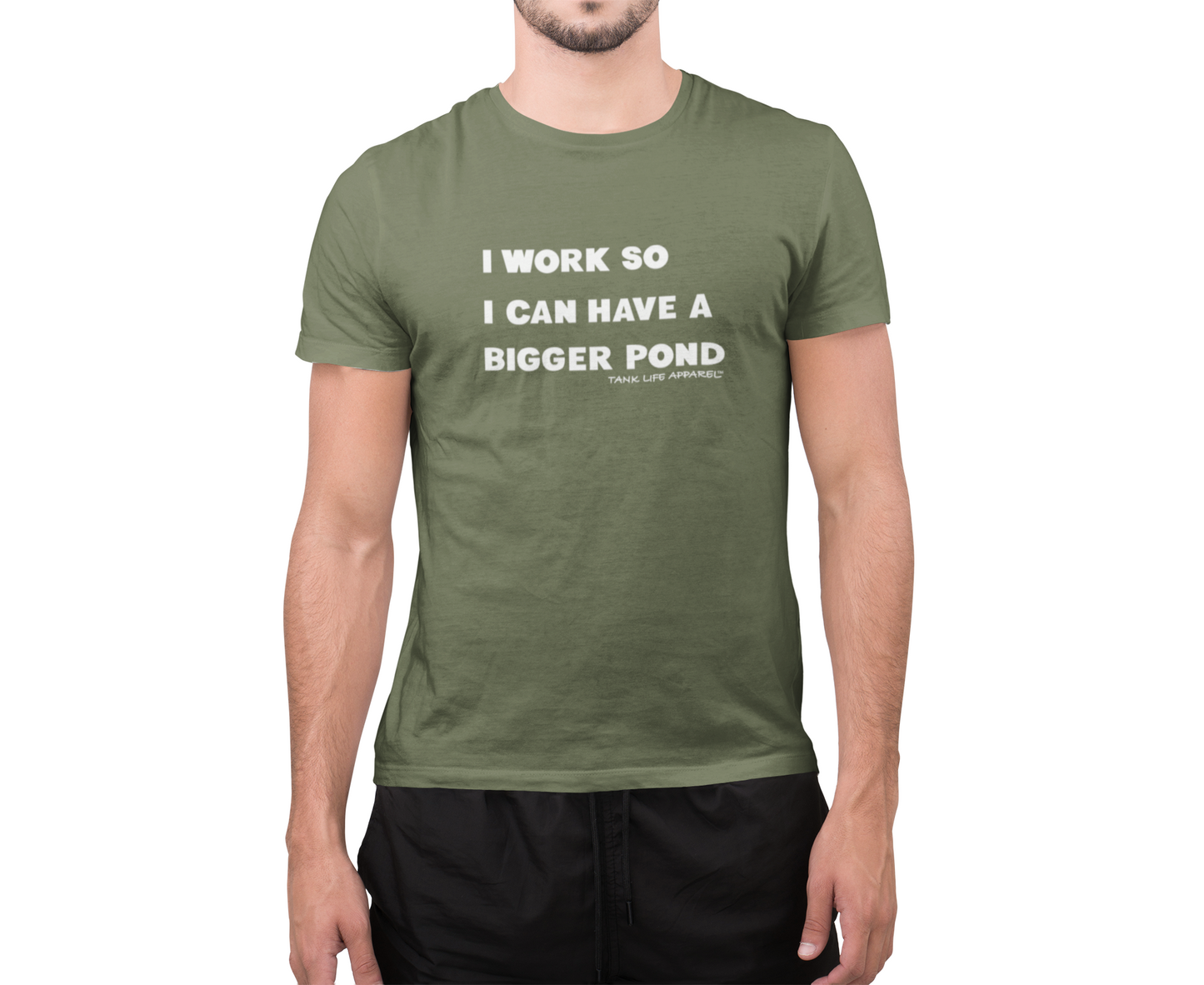 Tank Life Apparel "I work so I can have a bigger pond" design on a classic tee with our custom TLA sleeve label that gives this shirt an elevated look.