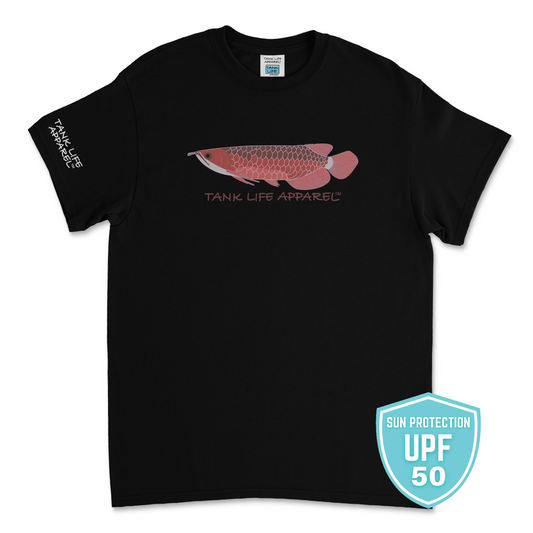 Tank Life Apparel red asian arowana design on an athletic dri fit performance shirt.