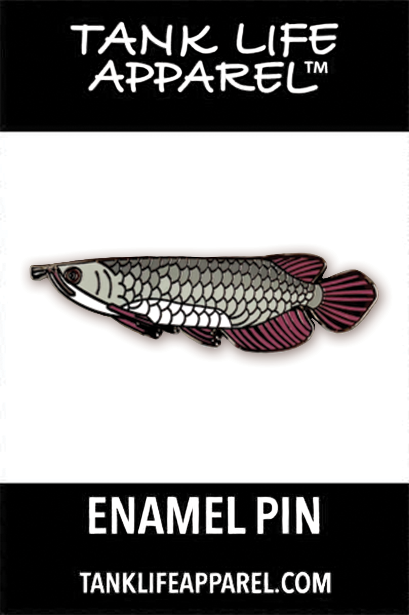 Silver arowana hard enamel pin. Gray monster amazon fish with pink fins.