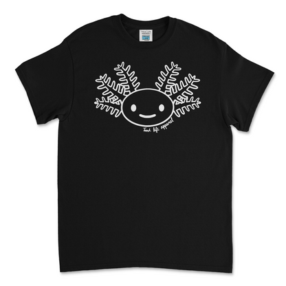 The Tank Life Apparel smiling axolotl design on a youth children kid's shirt. Adorable axolotl smiling in white lines.